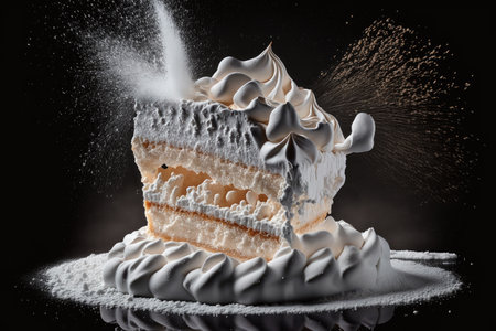 piece of fancy meringue cake sprinkled with powdered sugar, created with generative aiの素材
