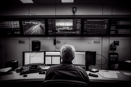 monitoring room with security guard, keeping watch over the premises, created with generative aiの素材