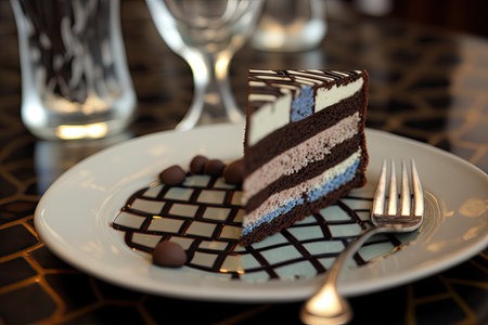 pieces of chocolate cream cake on plate in restaurant mosaic cake, created with generative aiの素材