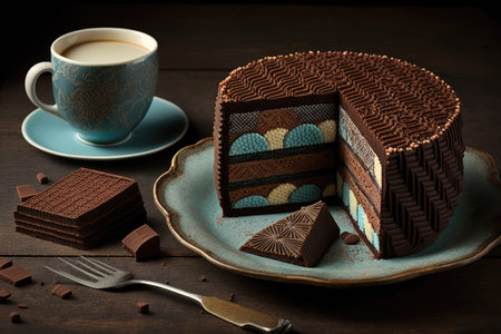 chocolate cake with wafer pieces and chocolate biscuits on plate mosaic cake, created with generative aiの素材