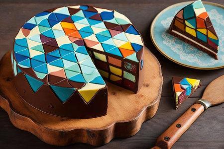 chocolate cake with multi-colored tiles in beautiful pattern for party or holiday, created with generative aiの素材