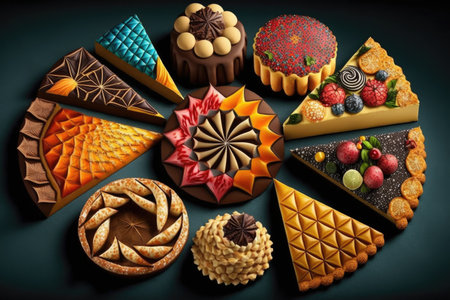 delicious pastries of different shapes for holiday sweets on mosaic cake, created with generative aiの素材