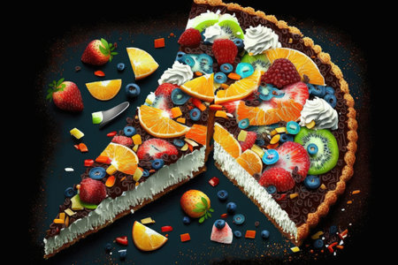 mosaic cake with pieces of cream coconut and fruit on dark background, created with generative aiの素材
