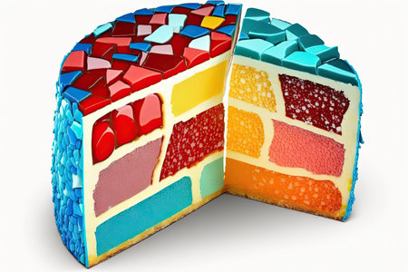 pieces of multi-colored sweet cake mosaic isolated on white background, created with generative aiの素材