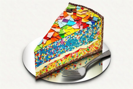 pieces of multi-colored sweet cake mosaic isolated on white background, created with generative aiの素材