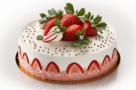 strawberry cake with strawberry decoration on white background, created with generative aiの素材