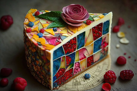 piece of mosaic cake decorated with small berries and rose petals, created with generative aiの素材