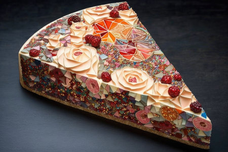 piece of mosaic cake decorated with small berries and rose petals, created with generative aiの素材