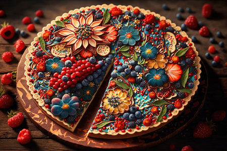 beautiful dessert for birthday in form of mosaic cake decorated with berries and flowers, created with generative aiの素材