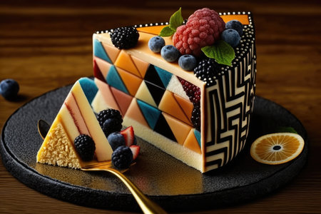 piece of striped dessert decorated with fruits and berries on table mosaic cake, created with generative aiの素材