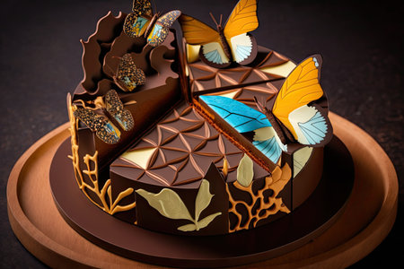 chocolate dessert piece with beautiful decorations in form of butterflies on mosaic cake, created with generative aiの素材