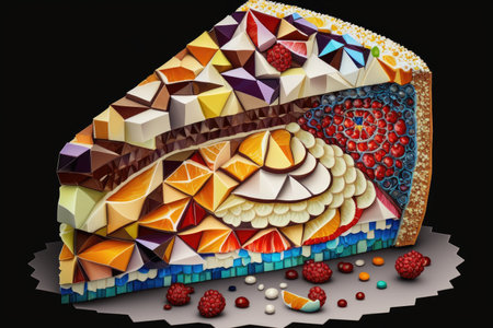 bright sweet dessert in form of mosaic cake with different shapes on top, created with generative aiの素材