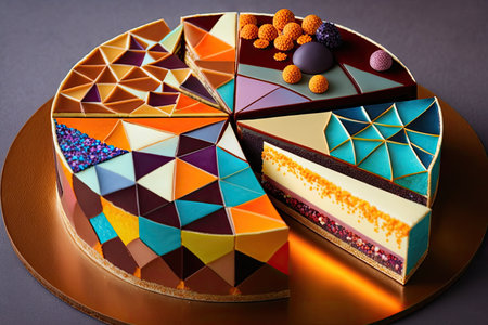 bright sweet dessert in form of mosaic cake with different shapes on top, created with generative aiの素材