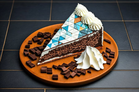 piece of delicious chocolate cake with white cream and decoration in form of mosaic, created with generative aiの素材
