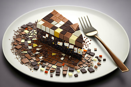 small pieces of chocolate dessert on plate mosaic cake, created with generative aiの素材