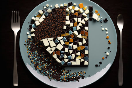 small pieces of chocolate dessert on plate mosaic cake, created with generative aiの素材