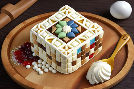 small festive dessert with different flavors of cream in form of mosaic cake, created with generative aiの素材