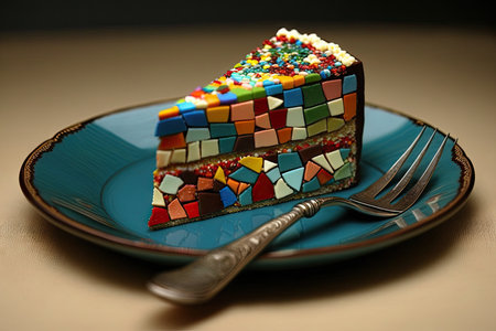 small pieces of multi-colored delicious mosaic cake on plate, created with generative aiの素材
