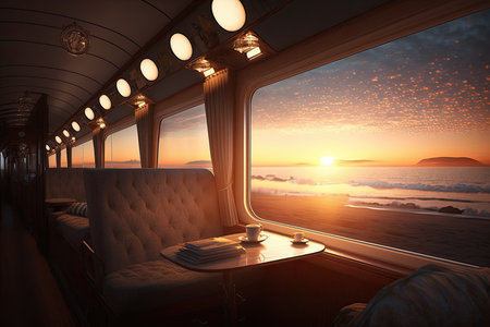 luxury train, with view of sunrise over the ocean, during long trip across continent, created with generative aiの素材