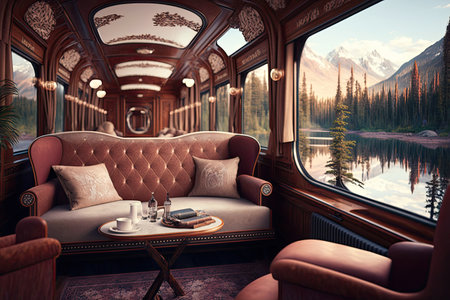 luxury train with plush seating and intricate detailing, surrounded by natural scenery, created with generative aiの素材