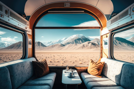 luxury train, with view of snow-capped mountains and clear blue skies, created with generative aiの素材