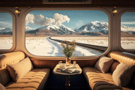 luxury train, with a view of snowy mountains, during the winter season, created with generative aiの素材