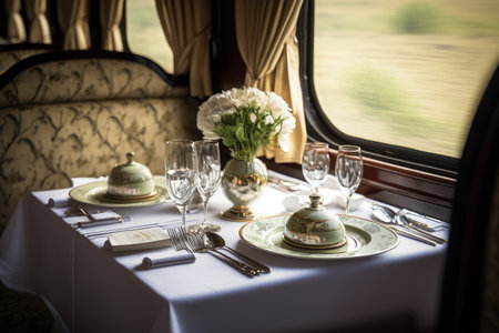 refined dining experience on luxury train, with fine linens, china plates and silverware, created with generative aiの素材