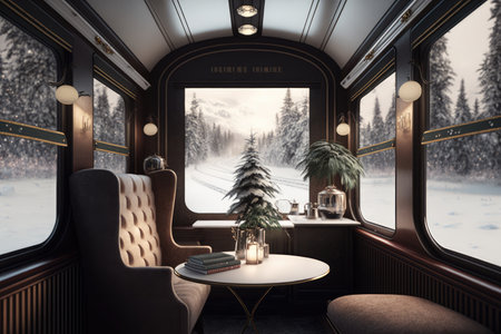 luxury train, with plush seating and warm lighting, traveling through snowy landscape, created with generative aiの素材