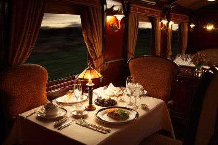 luxury train, with grand dining room and elegant table settings, ready for evening meal, created with generative aiの素材