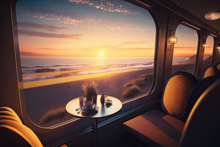 luxury train, with view of sunset over the ocean, in slow motion, created with generative aiの素材