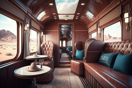 luxury train with leather seats and elegant details, transporting travelers from past to future, created with generative aiの素材