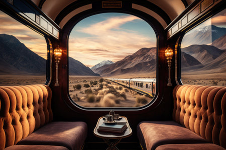 view of luxurious train, with view of the majestic mountains in the background, created with generative aiの素材