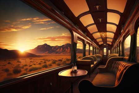 luxury train, with panoramic view of rolling hills and mountains, during sunset, created with generative aiの素材