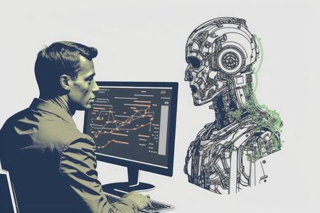 person, learning to work with machine learning system, by teaching it the ropes, created with generative aiの素材