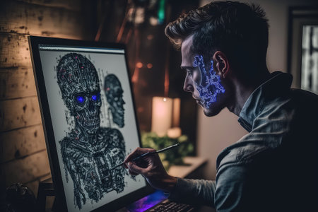 person, learning how to use machine learning algorithm for practical application, created with generative aiの素材