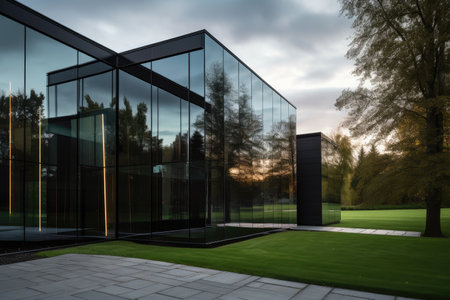 metal and glass exterior with sleek lines and reflections, created with generative aiの素材