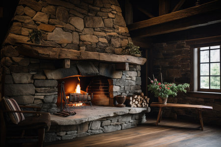 rustic stone fireplace with natural materials and textures, created with generative aiの素材