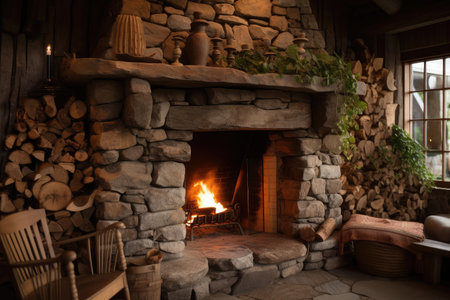 rustic stone fireplace with natural materials and textures, created with generative aiの素材
