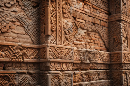 close-up of brick wall, with intricate textures and patterns visible, created with generative aiの素材