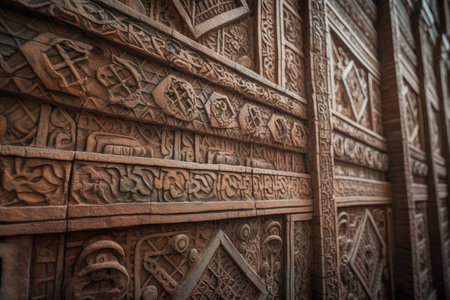 close-up of brick wall, with intricate textures and patterns visible, created with generative aiの素材