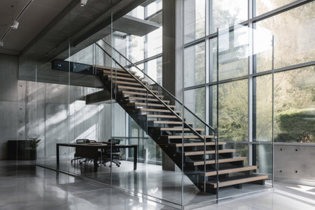 glass, steel, and concrete in modern architectural office space, created with generative aiの素材