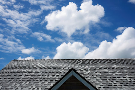 shingle roof with bright blue sky and puffy white clouds in the background, created with generative aiの素材
