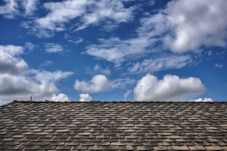 shingle roof with bright blue sky and puffy white clouds in the background, created with generative aiの素材