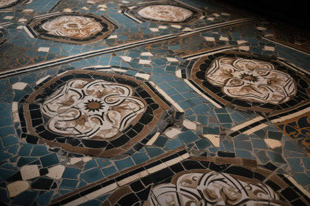 close-up of an intricate tile pattern on a floor or wall, created with generative aiの素材
