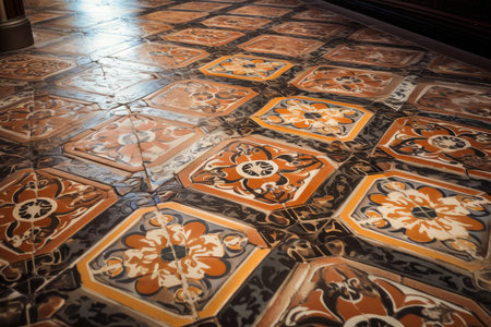 close-up of an intricate tile pattern on a floor or wall, created with generative aiの素材