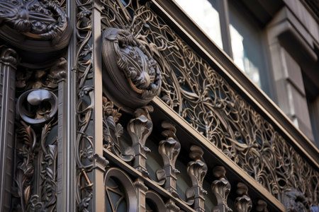 metalwork, with intricate details and patterns of metals, on a building exterior, created with generative aiの素材