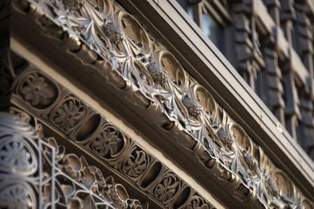 metalwork, with intricate details and patterns of metals, on a building exterior, created with generative aiの素材