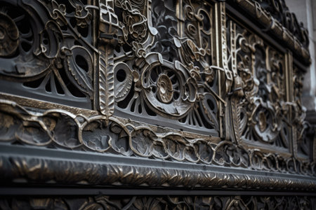 metalwork, with intricate details and patterns of metals, on a building exterior, created with generative aiの素材