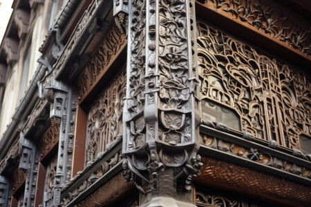 metalwork, with intricate details and patterns of metals, on a building exterior, created with generative aiの素材