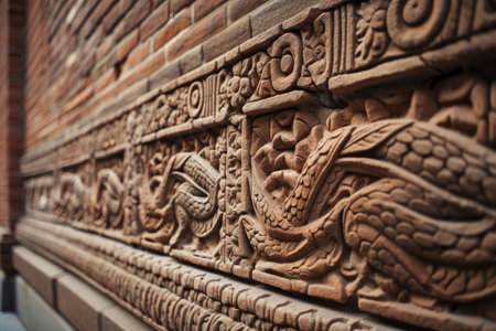 close-up of a brick wall, with intricate patterns and textures visible, created with generative aiの素材